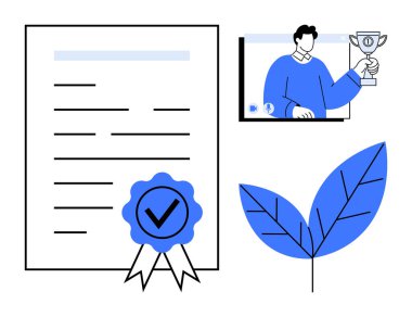 Kurdeleli sertifika, ekranda kupa tutan kişi ve tanınmayı, başarıyı, çevre dostu olmayı ve sürdürülebilirliği sembolize ediyor. Sertifikalar, ödüller, eğitim için ideal