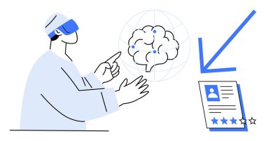 VR kulaklığı olan kişi dijital beyin ve profil değerlendirme belgeleriyle etkileşime girer. Yapay zeka, işe alım, yenilik, sanal öğrenme, yaratıcılık, teknoloji ve gelecek kavramları için idealdir. Basit.