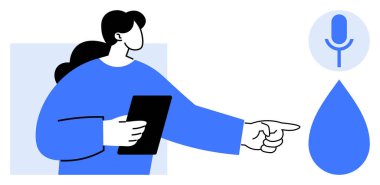 Ses tanıma sistemleri, dijital asistanlar, kullanıcı etkileşimi, akıllı teknoloji, modern iletişim, teknik destek. Tablet tutan ve mikrofon simgesini gösteren bir kadın. Ses tanıma