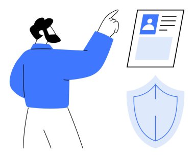 Kimlik doğrulama konsepti. Güvenli veri doğrulaması için kimlik kartı ve kalkan simgesini gösteren adam. Kimlik doğrulaması kişisel veri güvenliğini sağlar. Siber güvenlik, biyometri, dijital...