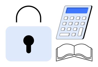Bilgi güvenliği, veri gizliliği, eğitim, dijital finans, öğrenme, güvenli erişim. Anahtar deliği, hesap makinesi ve açık kitapla kilitle. Bilgi güvenliği ve veri gizlilik kavramı