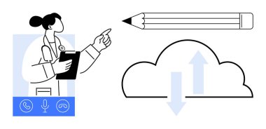 Teletıp, online danışma, dijital bulut depolama, yaratıcı araçlar, modern teknoloji, iletişim. Doktor işaret ediyor, okları olan kalem yaratıcılığı bulutu. Teletıp ve dijital yaratıcılık