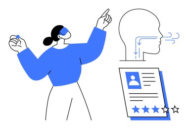 Kadın, kullanıcı profili, geri bildirim notu ve ses akışının soyut kavramlarına işaret ediyor. İletişim, müşteri hizmetleri, kullanıcı deneyimi, değerlendirme, sunum, profil ve geri bildirim için ideal