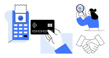İşlem terminali ve kartla birlikte dijital ödeme. Kimlik kontrolü ile kimlik doğrulaması. Güven ve anlaşma yoluyla yapılan güvenli işlemler. Fintech, güvenlik sistemleri, iş için