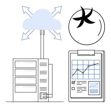 Bulut hesaplama, veri depolama, analitik, ağ oluşturma, teknoloji çözümleri ve verimlilik. Buluta bağlı bir sunucu, grafikteki veri analizi. Bulut hesaplama ve veri depolama