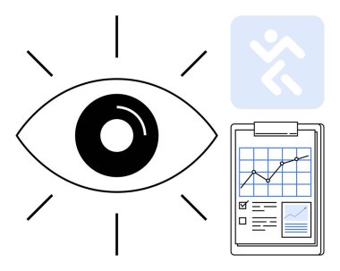 Gözetim, veri takibi, performans değerlendirmesi, analitik, iş büyümesi, stratejik planlama. Göz sembolü, büyüme grafiği ve aktivite simgesi. İzleme ve veri izleme kavramı