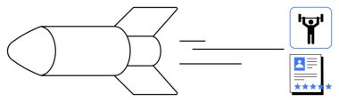 Roket hız çizgileriyle fitness simgesine ve sınıflandırılmış profil belgesine doğru ilerliyor. Büyüme, hırs, başarı, kişisel hedefler, ilerleme, kariyer ilerlemesi ve kendini geliştirme için ideal