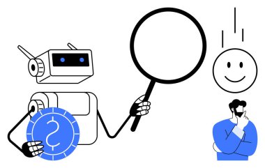 Yapay zeka. Robot bir büyüteç tutuyor ve insan etkileşimini ve karar verme mekanizmasını inceliyor. Yapay zeka verimli veri analizi ve görev otomasyonuna yardımcı olur. Teknoloji için