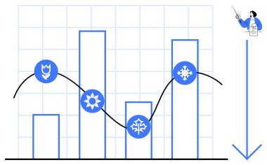 Mevsimlik simgeler, çiçekler, güneş, döngüsel eğilimleri gösteren kar tanesi grafikleri. Grafik ızgarası, aşağı doğru geniş ok, tahminler, büyüme, mevsimler, veri sunumu için ideal kişi