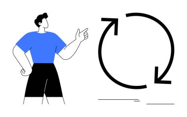 Mavi gömlekli kişi, yuvarlak okları işaret ederek yinelemeyi, geri dönüşümü ya da dönüşümü gösteriyor. İşlem görselleştirme, büyüme, sürdürülebilirlik, iyileştirme, planlama, yenileme için ideal