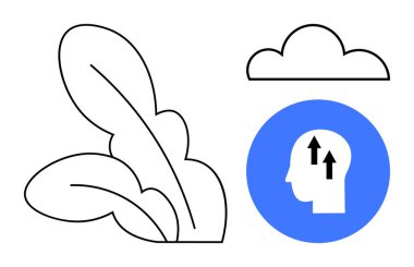 İnsan yaratıcılığı kavramı. Yenilik ve gelişim için yukarı doğru okları olan insan kafası. Minimalist yapraklar ve bulut simgeleriyle eşleştirilmiş. Teknolojik gelişim, sürdürülebilirlik, doğa, girişimler, beyin fırtınası