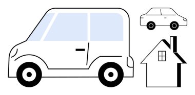 Ulaşım, konut, şehir planlaması, araç mülkiyeti, minimalist tasarım, mekansal analiz. Evin yanında büyük bir araba ve küçük araba ikonları. Ulaşım ve konut kavramı
