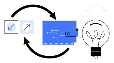 Dijital ödemeler, fintech, yenilik, teknoloji, bulut depolama, modern ekonomi. Bir cüzdan, ampul okları ve kavramsal tasarımda bulut simgesi. Dijital ödemeler ve fintech konsepti