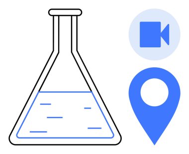 Bilimsel araştırma, medya entegrasyonu, veri paylaşımı, deneyler, yer belirleme, dijital teknoloji. Beaker, harita iğnesi video kamera sembolü. Bilimsel araştırma ve medya entegrasyonu