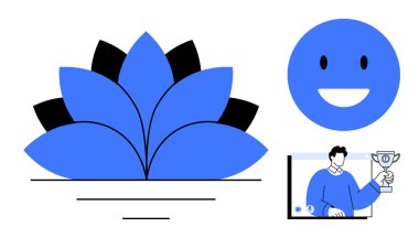 Mavi nilüfer çiçeği sembolü, gülümseyen yüz duygusu, ve bir sunum ortamında kupa tutan adam. Farkındalık, başarı, minnettarlık, refah, başarı, iletişim motivasyon tasarımı için ideal