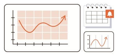 Çizgi grafiği ızgarada yükseliyor, takvime bildirim çanı takıldı. İlerleme izleme, veri analizi, zamanlama, planlama, görev yönetimi, hedef belirleme, basit düz metafor