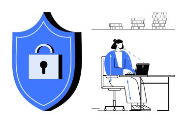 Siber güvenlik kavramı. Siber güvenlik koruması, asma kilit kalkanı ve güvenli işyeri. Siber güvenlik dijital iletişim sırasında kişisel verileri korur. IT, finans ve teknoloji şirketleri için.