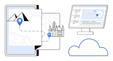 Seyahat planlama, uzaktan veri erişimi, dijital haritalar, bulut hesaplama, teknoloji, navigasyon. Bir kaleye giden yolu, bir bilgisayar ekranını ve bir bulut simgesini gösteren dijital bir harita. Seyahat planlama ve uzak
