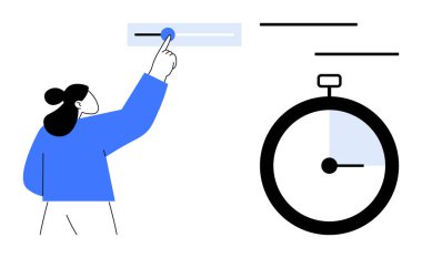 Kadın kronometrenin yanındaki kaydıracıyla etkileşime girer ve zaman içinde kontrolü ele alır. Zaman yönetimi, verimlilik, teslim tarihleri, planlama, verimlilik, önceliklendirme iş akışı için ideal. Basit düz metafor