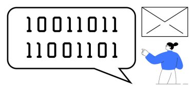 Dijital iletişim, kodlama, veri güvenliği, e-posta mesajlaşması, programlama, teknoloji. Konuşma balonunda ikili kod, zarf simgesini gösteren kişi. Dijital iletişim ve kodlama kavramları