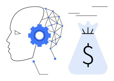 Sinir ağı ve donanıma sahip insan kafası. Finansal büyümeyi temsil eden bir para çantasıyla birlikte yapay zeka teknolojisi ve otomasyonu vurguluyor. Yapay zeka geliştirme, teknolojik yenilik, finans, makine için ideal