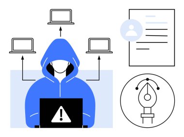 Siber güvenlik, veri sızıntıları, çevrimiçi hackleme, grafik tasarım, kimlik hırsızlığı, teknoloji güvenliği. Dizüstü bilgisayarı ve uyarı sembolü olan bir bilgisayar korsanı, bağlantılı aygıtlar kalem aracı. Siber Güvenlik