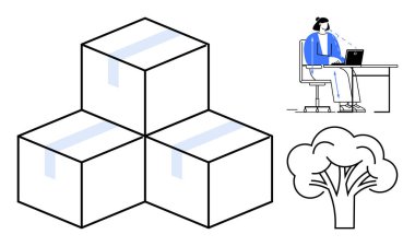 Lojistik konsept. Lojistik, ambalaj kutuları, vurgulama organizasyon ve depolama sistemleri ile gösterilir. Lojistik, sürdürülebilirlikle verimliliği birbirine bağlar. E-ticaret için, tedarik zincirleri