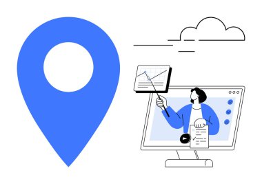 Konum kavramı. Grafikteki verileri analiz eden online sunuculu bir konum simgesi. İş büyümesi için konum belirleme, veri analizi ve dijital iletişim. Navigasyon ve veri raporlama için