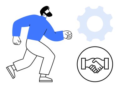 Takım çalışması konsepti. El sıkışma ve vites sembolünün yanında dinamik bir koşu figürü. Takım çalışması bireyleri birbirine bağlar, işbirliğini artırır ve proje hizalamasını sağlar. İş için, strateji