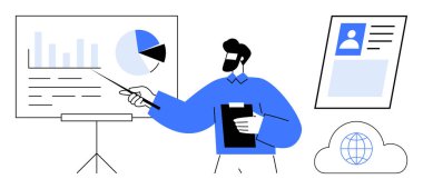 Veri analiz konsepti. Grafikler ve grafikler kullanılarak veri sunumu, bilgilendirilmiş kararlar için içgörüyü vurgular. Buluttaki veri depolama entegrasyonu kusursuz dosya erişimini sağlar. İş, teknoloji