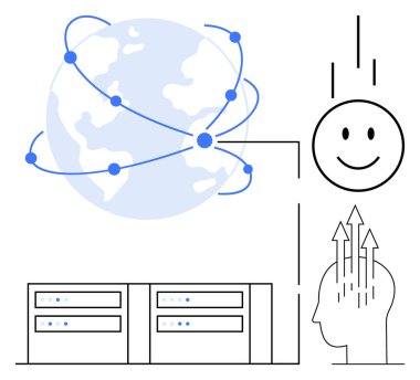 Küresel ağ konsepti birbirine bağlı dünya, veri değişimi ve insan zekası. Küresel iletişim üretkenliği ve yeniliği arttırıyor. Teknoloji, yapay zeka, yenilik, bağlantı, veri için