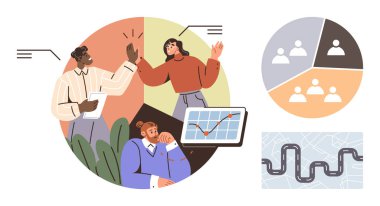 Çeşitli takımlar işbirliği yapıyor, başarıyı kutluyor, tablet pasta grafiği ve yol haritası sembollerindeki verileri analiz ediyor. Takım çalışması, strateji, planlama, büyüme, liderlik, organizasyon için ideal