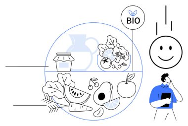 Organik gıda konsepti. Organik gıdalar taze sebzeler, meyveler ve sürdürülebilir ürünler içerir. Organik yiyecekler sağlıklı beslenmeyi, çevre dostu uygulamaları ve bilinçli tüketimi teşvik eder. Kullan