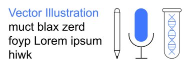 İletişim, bilimsel araştırma, podcast, genetik, medya, yaratıcılık. Bir mikrofon, DNA test tüpü ve mavi aksanlı kalem. İletişim ve bilimsel araştırma kavramı