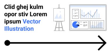 Yatay ok, grafikler, pasta grafiği ve resim sehpası yanındaki çubuk grafikleri gösteren analitik ekrana işaret ediyor. Analiz, sunum, ilerleme, istatistik ve veri takibi için ideal