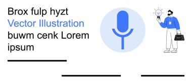 İletişim, ses arayüzleri, yenilik, yaratıcı düşünce, teknoloji, fikirler üretimi. Merkezi mikrofon ikonu, elinde ampul tutan kişi. İletişim ve ses arayüzleri kavramı