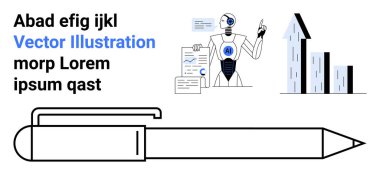 Veri analizleri, yapay zeka gelişmeleri, teknolojik yenilikler, iş akışı verimliliği, tasarım araçları ve verimlilik. Robot çizelgelerle, kalem çizimleriyle etkileşime giriyor. Yapay zeka gelişmeleri ve tasarım araçları kavramı