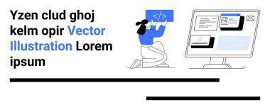 Web geliştirme, kodlama, dijital tasarım, yazılım programlama, çevrimiçi proje yönetimi, ilgili tasarım. Kadının elinde kod sembolü ve arayüzlü masaüstü ekranı var. Web Geliştirme