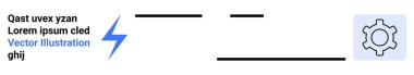 Şimşek sürgüsü simgesi, yer tutucu metin ve enerji, güç ve ayarları temsil eden bir vites sembolü ile birlikte. Web arayüzleri, uygulama UI, enerji kavramları, ayarlar menüleri, teknoloji yeniliği için ideal