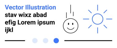 Dinamik hareketli mutlu yüz, parlak güneş, yer tutucu metin, ilerleme göstergeleri ve çizgiler. Pozitiflik, yaratıcılık, iyimserlik, eğitim motivasyonu için ideal basit iniş sayfası