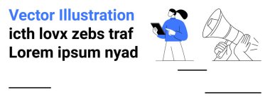 Pazarlama, iletişim stratejileri, reklamcılık, içerik oluşturma, iş hizmetleri, marka tanıtımı. Bir profesyonel, tablet ve megafonla elini tutuyor. Pazarlama ve iletişim