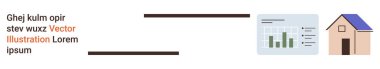 Gayrimenkul, veri görselleştirme, konut piyasası eğilimleri, iş raporları, emlak analizleri, ekonomik büyüme. Basit bir ev çiziminin yanındaki veri içgörülerini gösteren grafik. Gayrimenkul ve veri