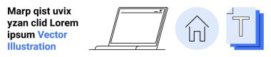 Web tasarımı, dijital çalışma alanı, ev ofisi, grafik şablonları, online iletişim, UI. Minimalist dizüstü bilgisayar, ev simgesi ve metin katmanları. Web tasarımı ve dijital çalışma alanı kavramları