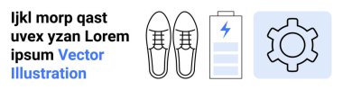 Bir çift çizilmiş ayakkabı, yıldırımlı pil ve vites simgesi. Teknoloji, üretkenlik, tasarım, imalat, enerji, iş akışı için ideal basit iniş sayfası