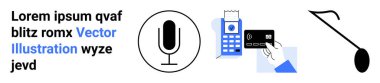 Dijital ses, e-ticaret, müzik, mikrofon kullanımı, online ödemeler, yaratıcı medya. Mikrofon ikonu, kartlı ödeme terminali ve bir nota. Dijital ses ve e-ticaret
