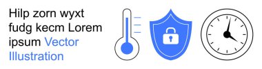 Sağlık teknolojisi, siber güvenlik, zaman izleme, dijital araçlar, veri güvenliği, profesyonel verimlilik. Termometrenin simgeleri, kilidi ve saati olan bir kalkan. Siber güvenlik ve sağlık hizmetleri