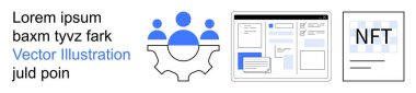 Takım işbirliği, engelleme zinciri, dijital varlıklar, iş akışı organizasyonu, modern arayüzler, web tasarımı. İnsanlar vitesin üstünde simgeler, web sayfası NFT belgesi. Takım işbirliği ve engel zinciri kavramı