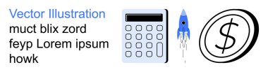 İş planlaması, girişimcilik, finansal büyüme, yatırım, yenilik, kazanç. Hesap makinesi, roket ve dolar simgeleri. Mali büyüme ve girişimcilik kavramı