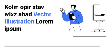 İş yeri tasarımı, profesyonel çevre, iş kavramları, pazarlama malzemeleri, asgari tasarım, eğitim. Bir pano tutarken erkek figürü işaret ediyor. İş yeri tasarımı ve profesyonel