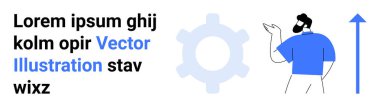 İş stratejisi, yenilik, takım çalışması, planlama, organizasyon, büyüme. Bir insan, vites sembolü ve metin elementlerinin olduğu yukarı doğru bir okun yanında el kol hareketi yapar. İş stratejisi ve büyüme kavramları